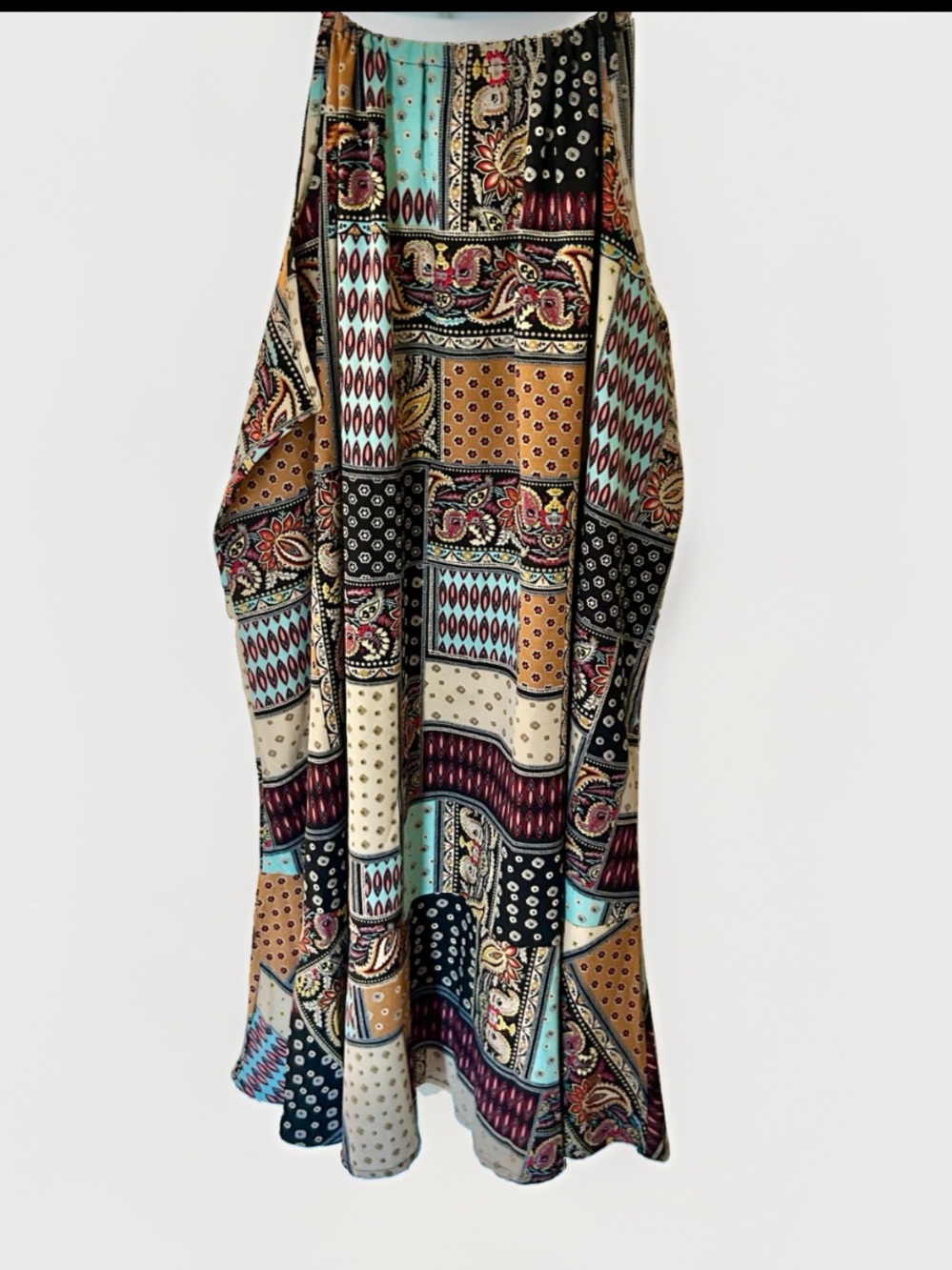 SHEIN Boho Patchwork Maxi Skirt in Teal, Mustard & Black